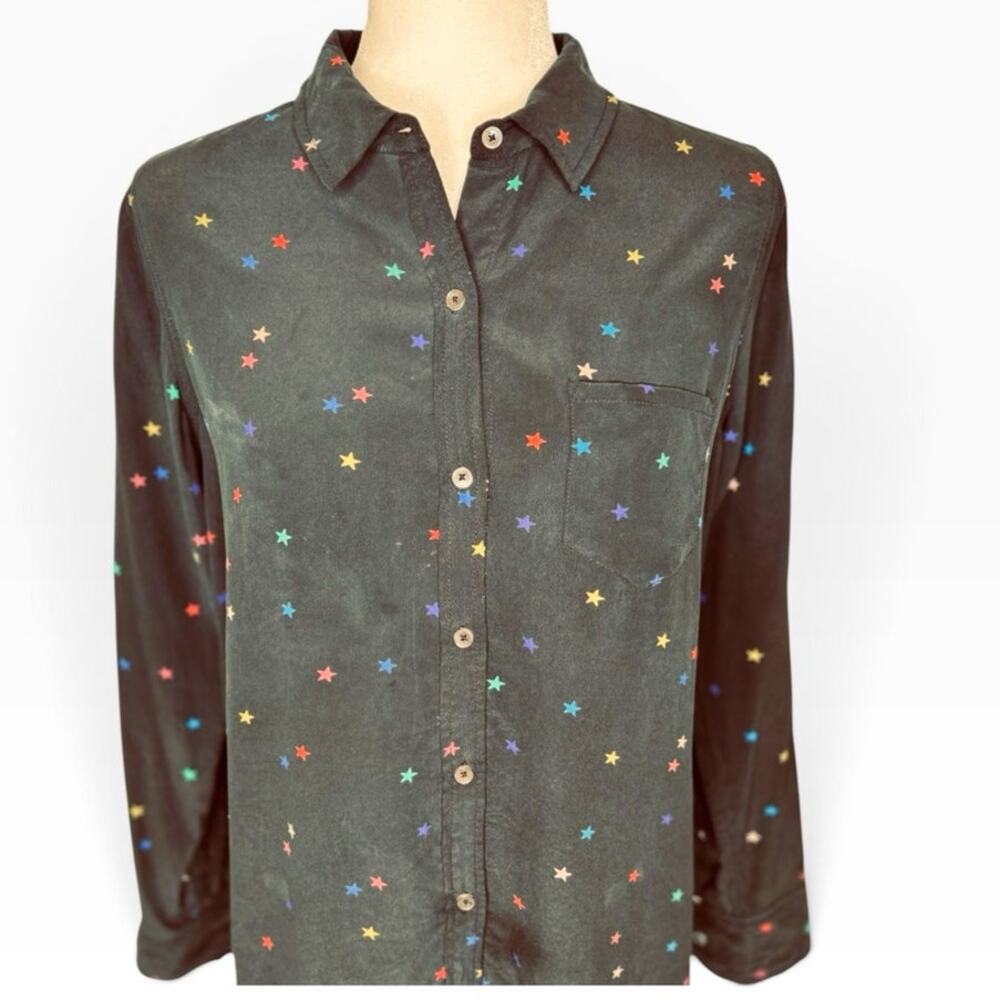 Rails Kate 100%Silk Black Multi Color Star Print Button Down Long Sleeve Blouse - Picture 2 of 8